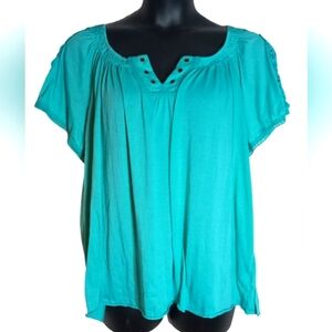 FRENCH LAUNDRY | TURQUOISE AQUA BLUE V-NECK PEASANT TOP | 2X